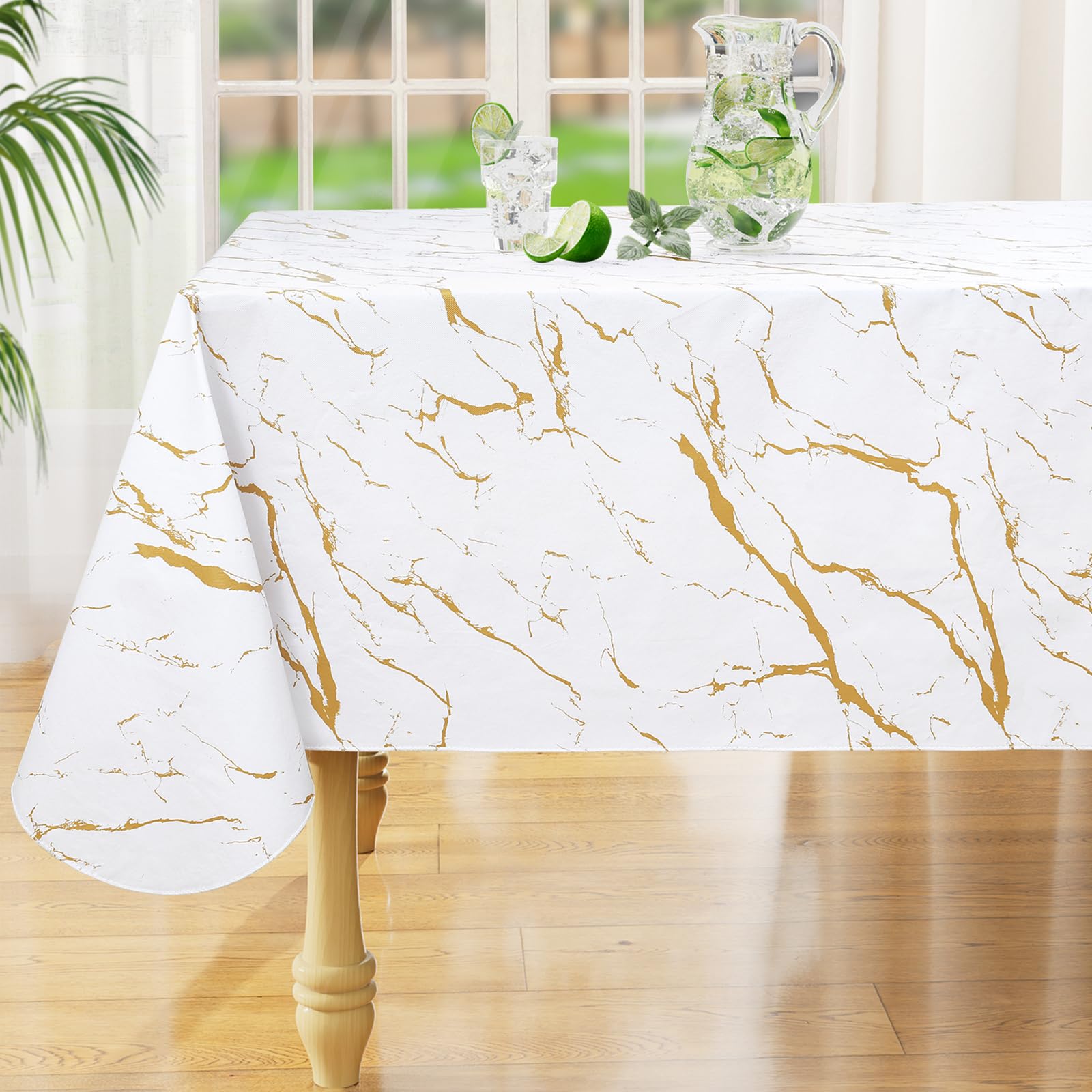 Photo 1 of misaya Rectangle Waterproof Vinyl Table Cloth, Wipeable Tablecloth with Flannel Backing, Plastic Table Cover for Dinner, Picnic, Indoor and Outdoor (White Gold Marble, 60" x 120")
