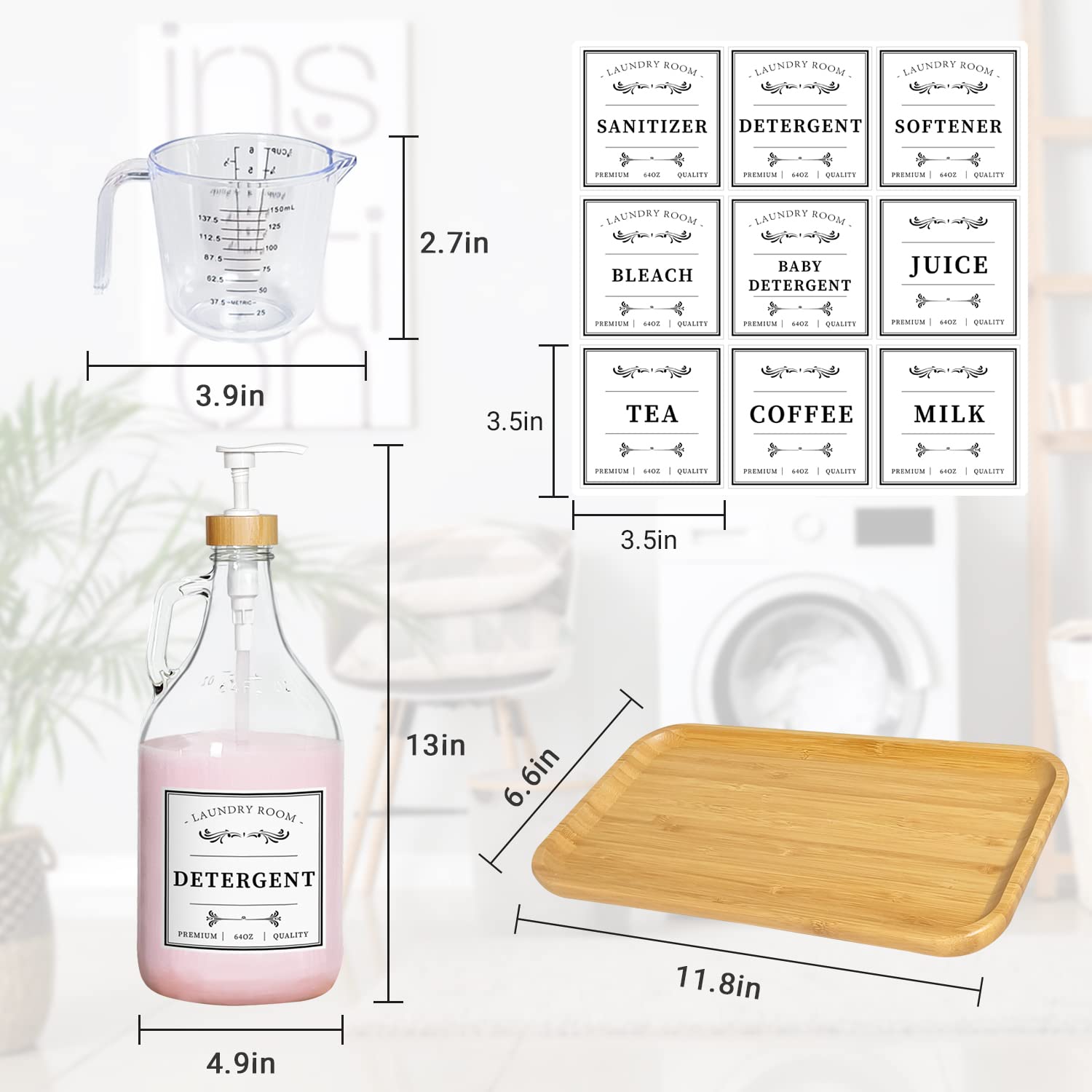 Glass Laundry Detergent Dispenser, Liquid Laundry Soap Dispenser for Laundry Room, 64oz Detergent Bleach Softener Dispenser for Farmhouse Decor, Includes Bamboo Pumps and Tray, Funnel, Labels