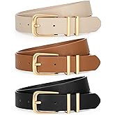 LEACOOLKEY 3 Pack Women's Leather Belts for Jeans Dress Pants Fashion Ladies Leather Belts with Gold Buckle