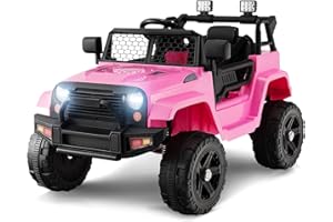 OLAKIDS Kids Ride On Truck, 12V Electric Vehicle Jeep Car with Remote Control, Toddlers Battery Powered Toy with 2 Speeds, Spring Suspension, Double Open Doors, LED Lights, Music, TF, USB, Mp3 (Coral)