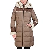 TAHARI Women's Fitted Quilted Puffer Coat With Attached Hood, Faux Shearling Trim & Hand Warmer Pockets