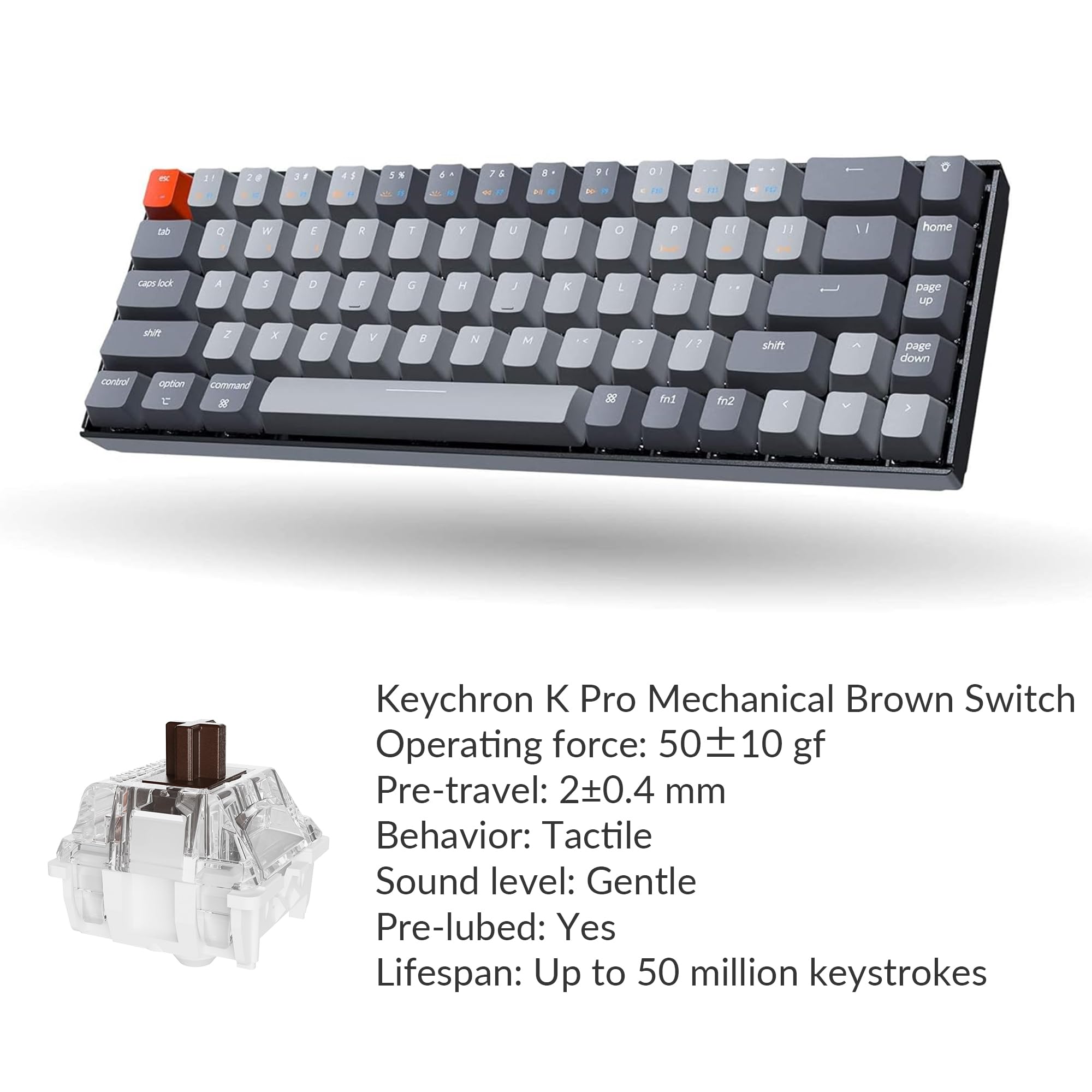 Keychron K6 Bluetooth 5.1 Wireless Mechanical Keyboard with Keychron K Pro Brown Switch/LED Backlit/Rechargeable Battery, 68 Keys Compact Keyboard Compatible with Mac Windows