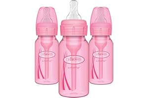 Dr. Brown's Anti-Colic Options+ Baby Bottles, 4 oz/120 mL, with Level 1 Slow Flow Nipple, Pink, 3 Pack, 0m+