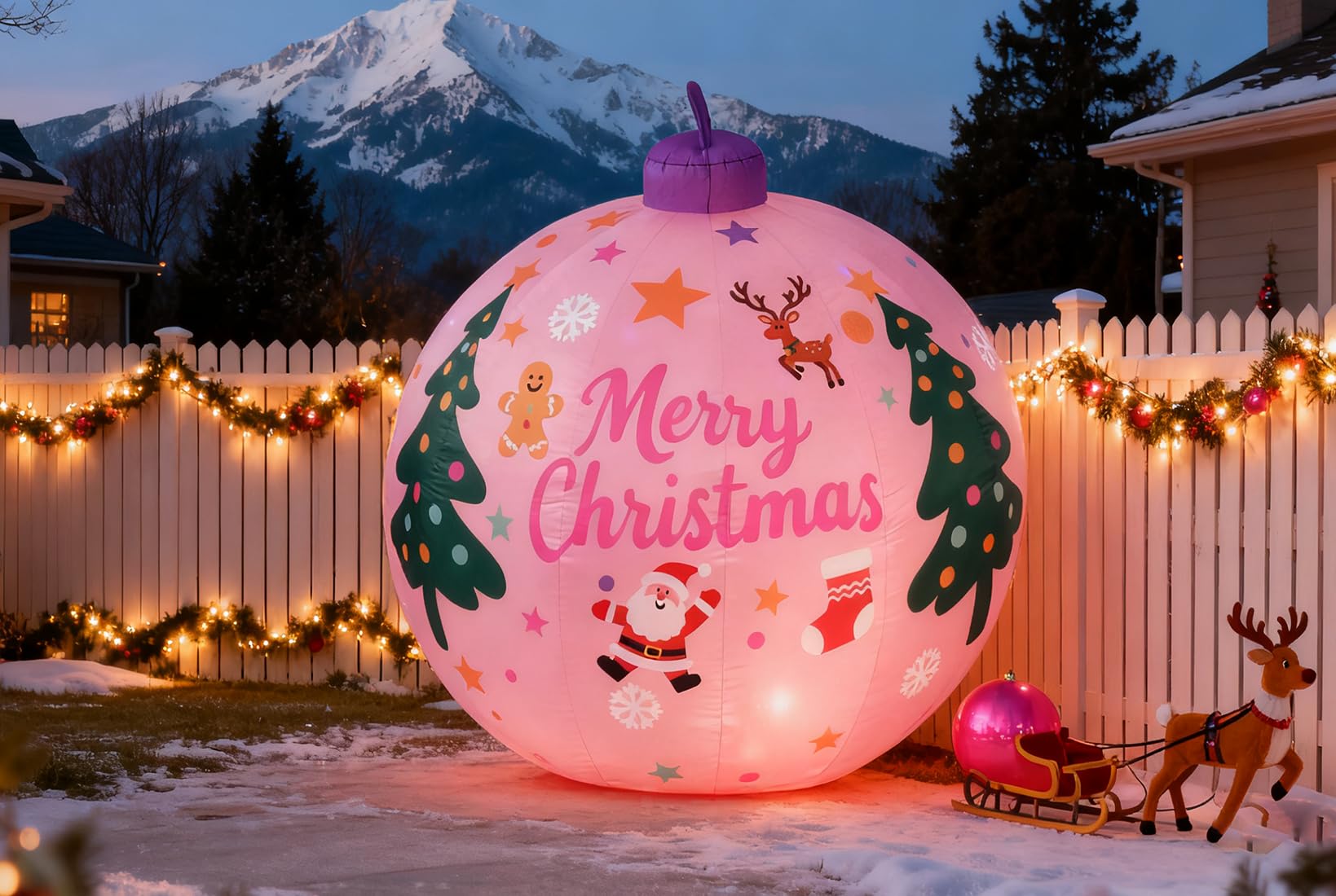 Photo 1 of LANGXUN 8ft Pink Christmas Ball Inflatable Outdoor Indoor Decor, Giant Blow Up IP44 Weatherproof Xmas Decorations for Yard, Built-in 7-Color LED Rotating Light for Gardern Lawn Winter Holiday