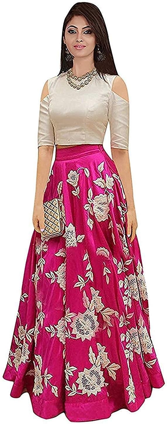 Aarna Fashion Women's Cotton Top and Skirt Set (Pink, Free Size)