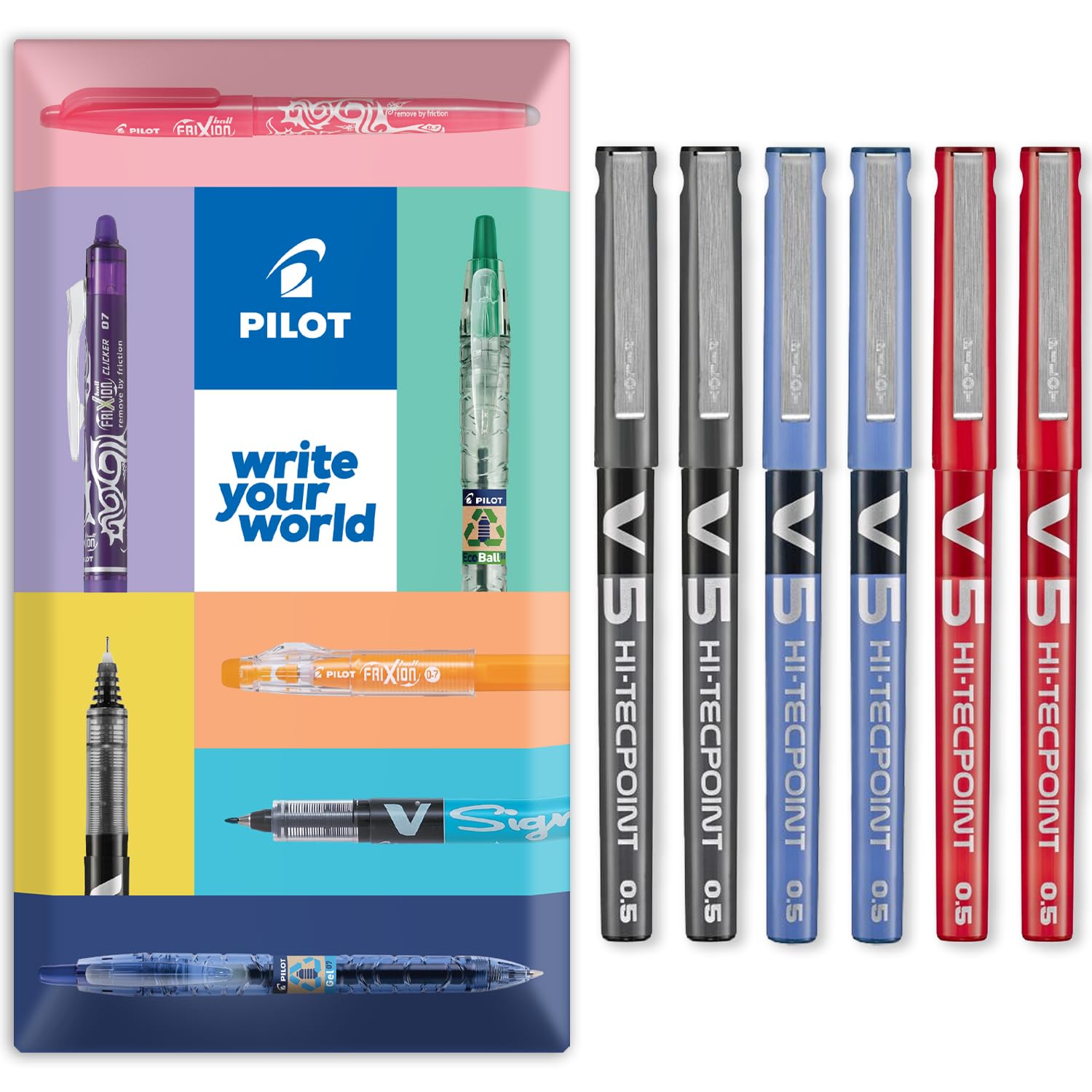 PILOT V5 Hi-Tecpoint Rollerball Pen - Fine 0.5mm Nib - In Envelope Gift Packaging - Pack of 6 (Black, Blue, Red)