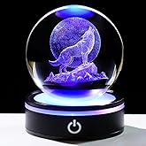 YWHL 3D Crystal Ball Moon Wolf Figurine with Colorful LED Base, Laser Wolf Gifts for Women Men Wolves Lovers on Christmas Birthday, Wolf Statue Glass Animal Decorative Ball for Home Decor (80mm)