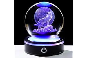 YWHL 3D Crystal Ball Moon Wolf Figurine with Colorful LED Base, Laser Wolf Gifts for Women Men Wolves Lovers on Christmas Birthday, Wolf Statue Glass Animal Decorative Ball for Home Decor (80mm)