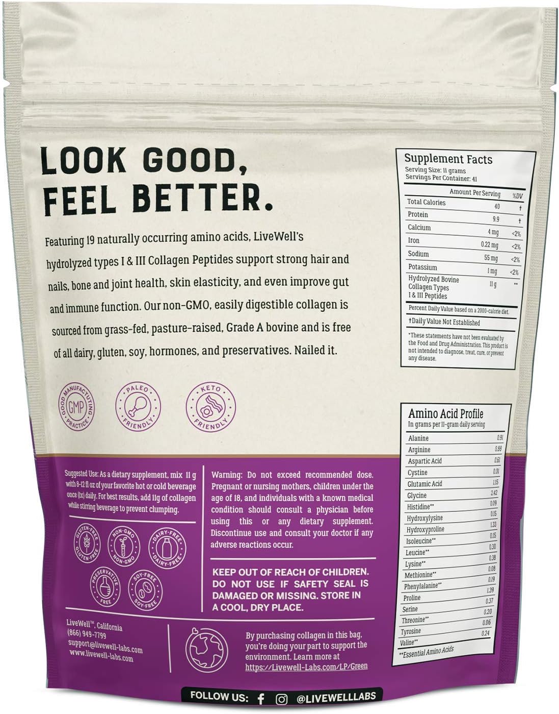 Collagen Peptides - Hair, Skin, Nail, and Joint Support - Type I & III Collagen - All-Natural Hydrolized Protein - 41 Servings - 16oz (Packaging May Vary): Health & Personal Care