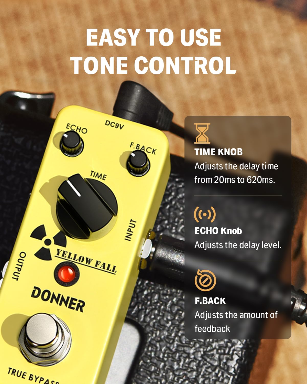 Donner Guitar Delay Pedal for Pedal Boards, Electric Guitar, Yellow Fall Analog Delay Mini Guitar Effect Pedal Vintage Delay, True Bypass