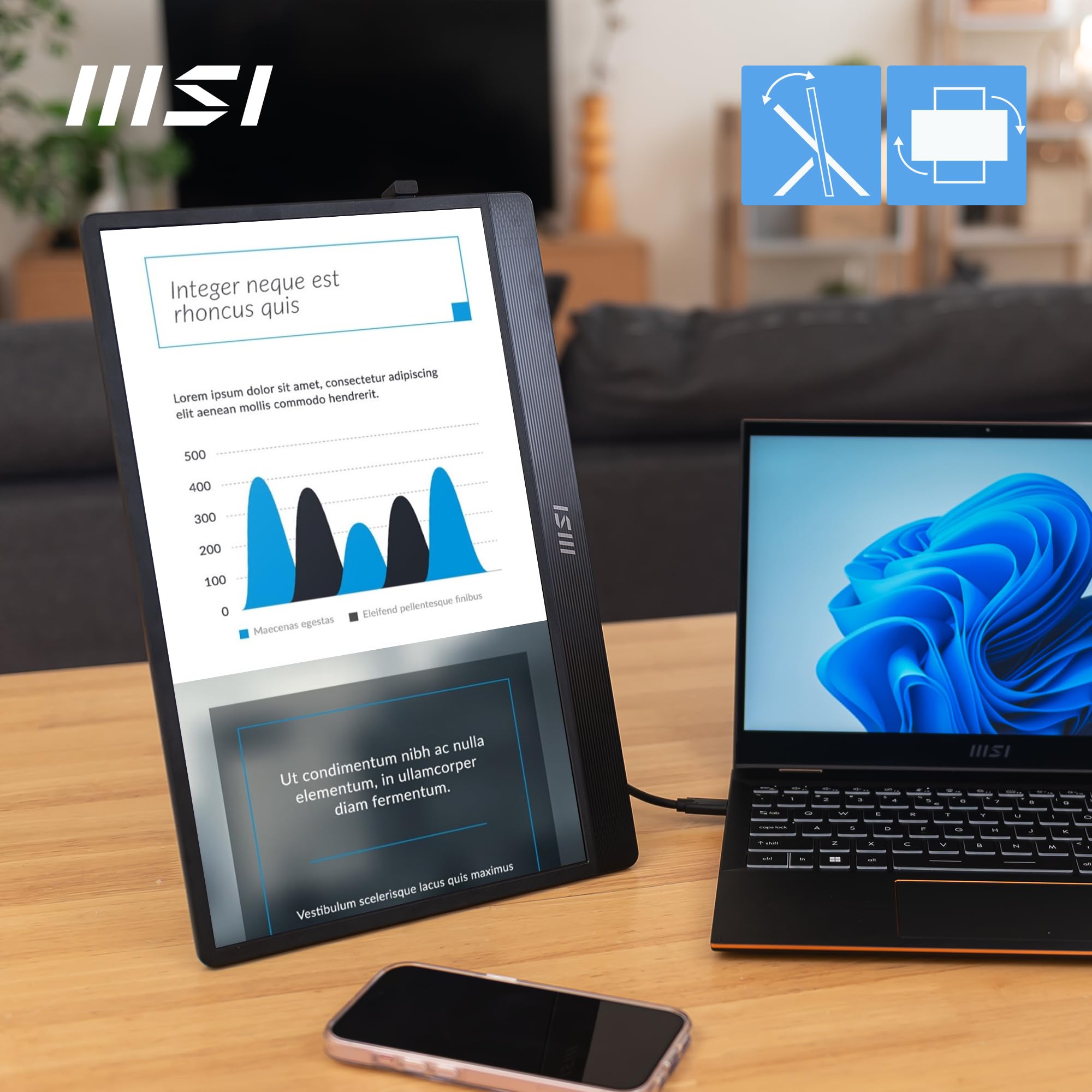 MSI PRO MP161 E2U 15.6 Inch Full HD Portable Monitor - 1920 x 1080 IPS, 60Hz, Eye-friendly, for PC, Laptop, Mobile, Speaker, Improved Housing & Kickstand, Mini HDMI 2.0b, 2 x USB Type-C
