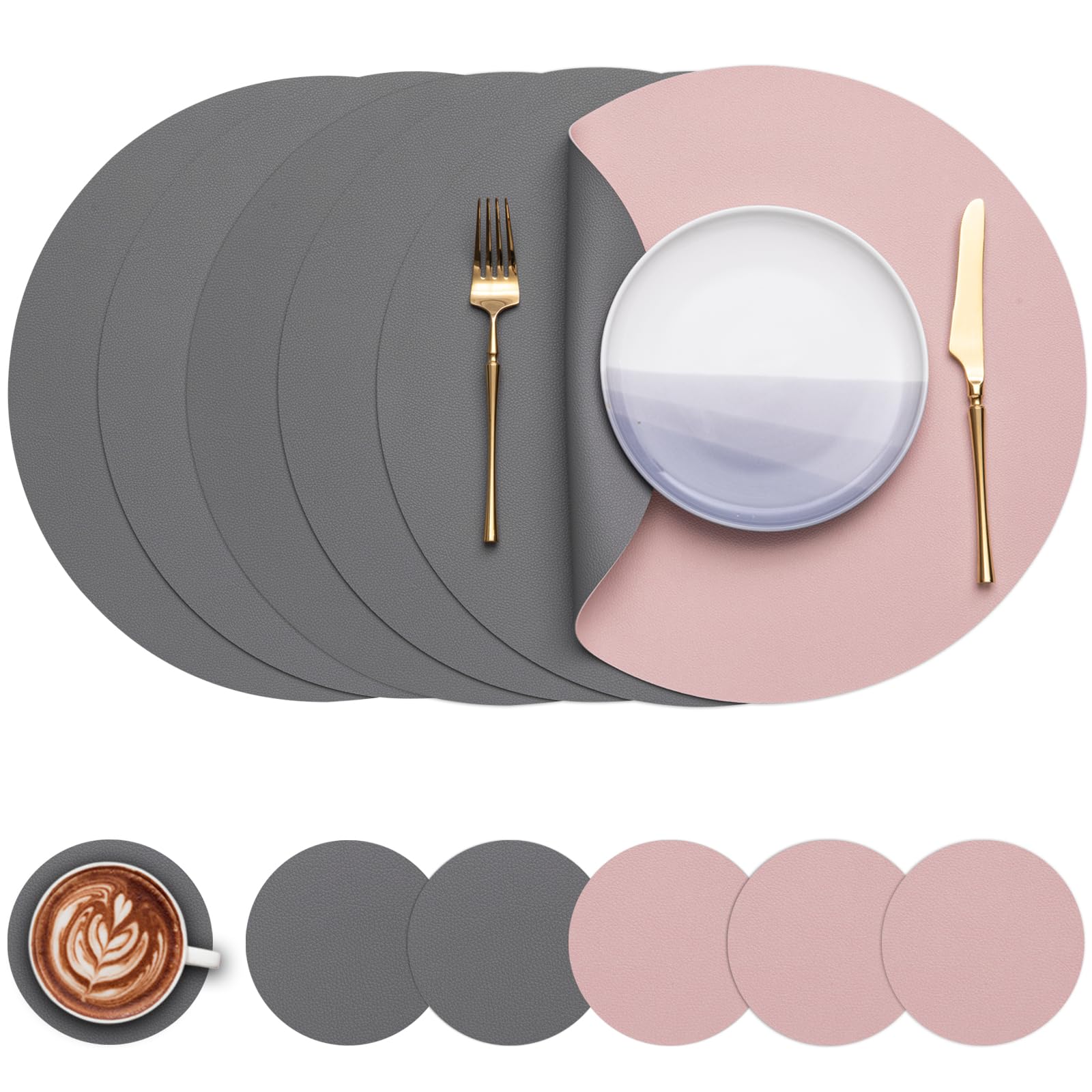 Myir JUN Round Table Placemats Set of 6 Faux Leather Place Mats and Coasters 15 inch Round Dual Sided Placemats Non-Slip Wipe Clean Stain Resistant (Gray Pink,Set of 6)