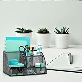 OKPOW Mesh Desk Organiser 6 Compartments 1 Drawer Black Office Stationery Tidy view 7