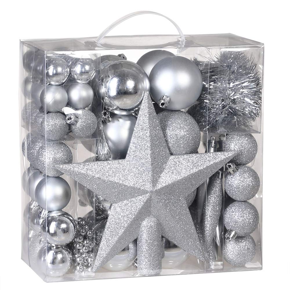 CASARIA® 77 Piece Christmas Tree Baubles Set | Xmas Christmas Decorations | Hanging Stars & Baubles | Star Topper, Tinsel, Bead Christmas Garland | Home Decoration Christmas Decorations UK | Silver