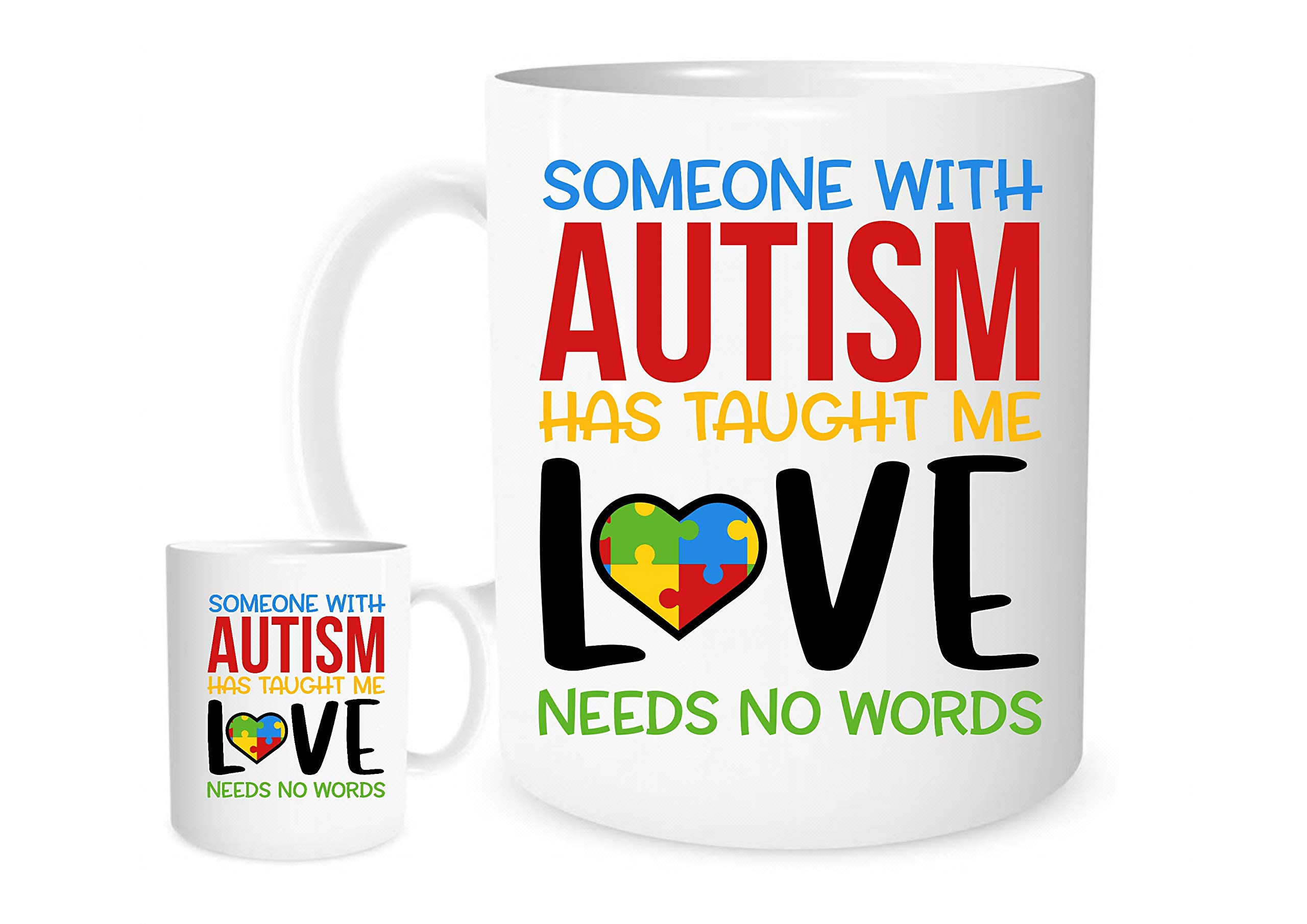 Stoneys Badges Autism Awareness Mug – “Love Needs No Words” Inspirational Puzzle Heart Design – 11oz Ceramic Coffee Cup – Gift for Autism Parents, Teachers & Advocates