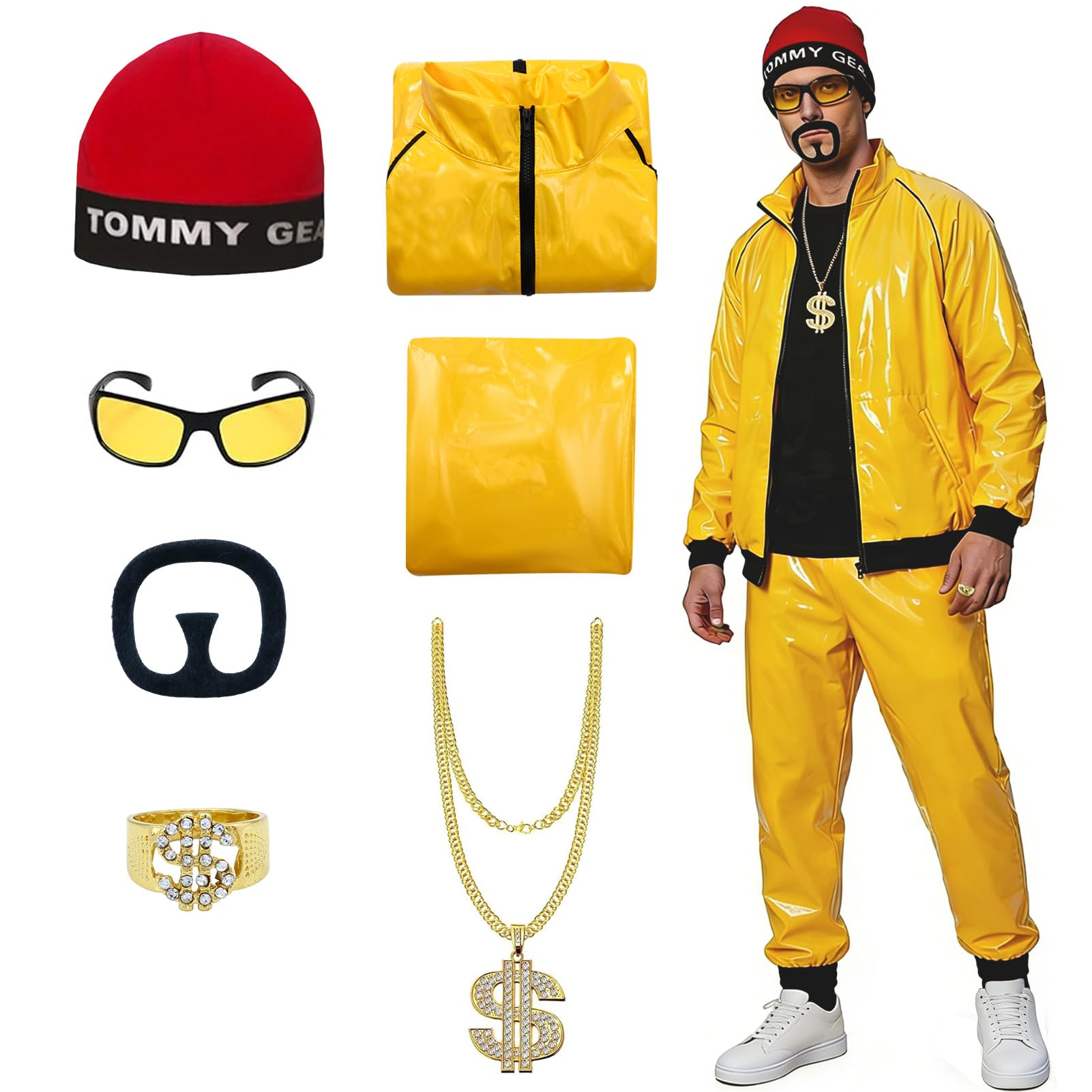 Crittygo Ali g Costume Adult, 90s Fancy Dress Costume for Men, Rapper Celebrity Costumes with Hat Necklace Glasses Beard, Funny Yellow Fancy Dress for Halloween & Stag Do