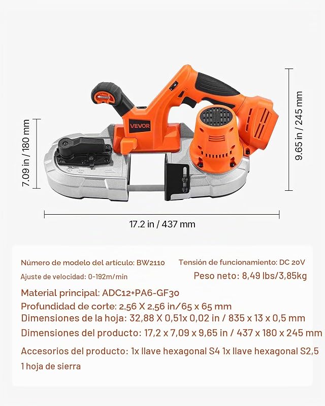 Serra de fita portátil, motor sem escovas de corte profundo de 65 mm de 360 W sem fios e serra de fita compacta com ganchos, velocidade variável de 0 a 192 m/min para corte de metal e madeira