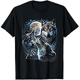 Grey Wolf Under Full Moon, Space, Galaxy, and Stars T-Shirt