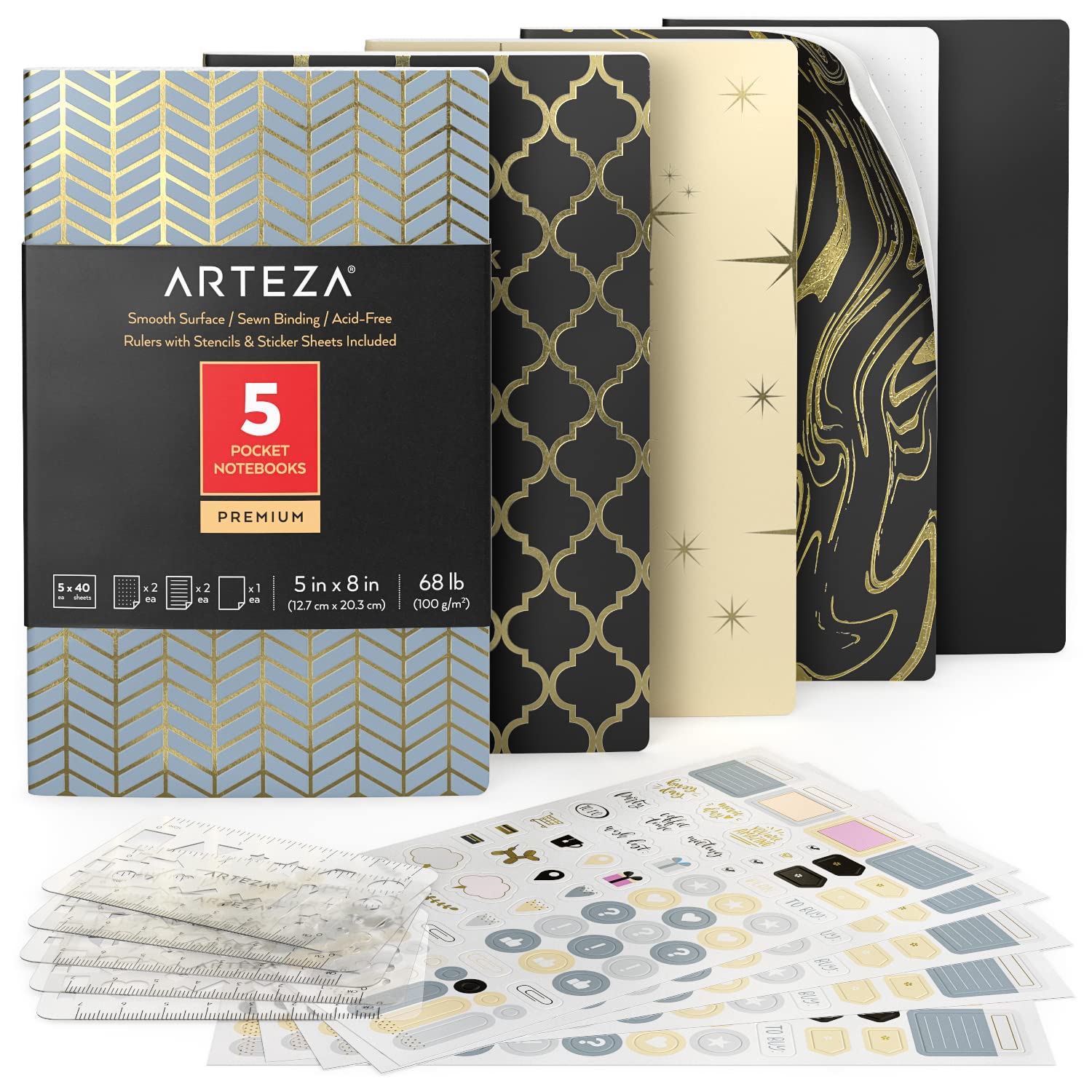 ARTEZA Pocket Notebooks, Set of 12.7 x 20.3 cm, 40 Sheets Each, Moroccan Designs, 2 Dotted, 2 Ruled, and 1 Blank Softcover Journal with Smooth Paper, Art Supplies for Planning, Writing, and Sketching