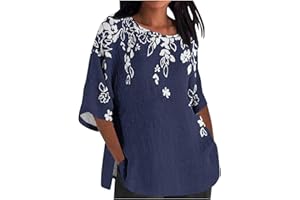 GENERIC Linen Cotton Shirts for Women 2024 Summer 3/4 Sleeve Loose Blouse Tees Dressy Casual Crewneck Tops Lightweight Comfy Tshirt