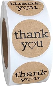 1.25 Inch Round Thank You Labels with Heart, Kraft Color, 500 Stickers……