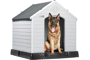 LEMBERI Durable Waterproof Plastic Dog House for Small to Large Sized Dogs, Indoor Outdoor Doghouse Puppy Shelter with Elevated Floor, Easy to Assemble (Gray, 42''L*38''W*39''H)