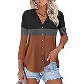 ORANDESIGNE Women's Button Down Shirts 3/4 Length Sleeve Polo Collared Tops Business Casual Color Block Summer Tees