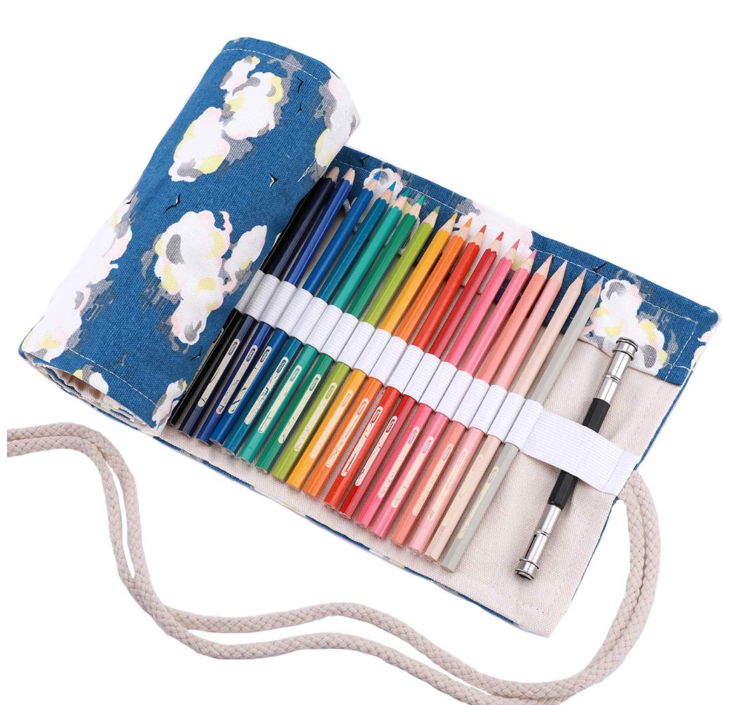 Amoyie Roll Up Pencil Case for 72 Coloured Pencils, Foldable Colouring Pen Organiser Bag, Canvas Coloring Pens Holder, Artist Wrap, Cloud Blue