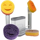 Smilyeez Caddy Combo, Sink Caddy, Smiling Handle, 2 Scrub Moji Sponges, Dishwand with 2 Mini Moji Sponges (White/Grey Wands)