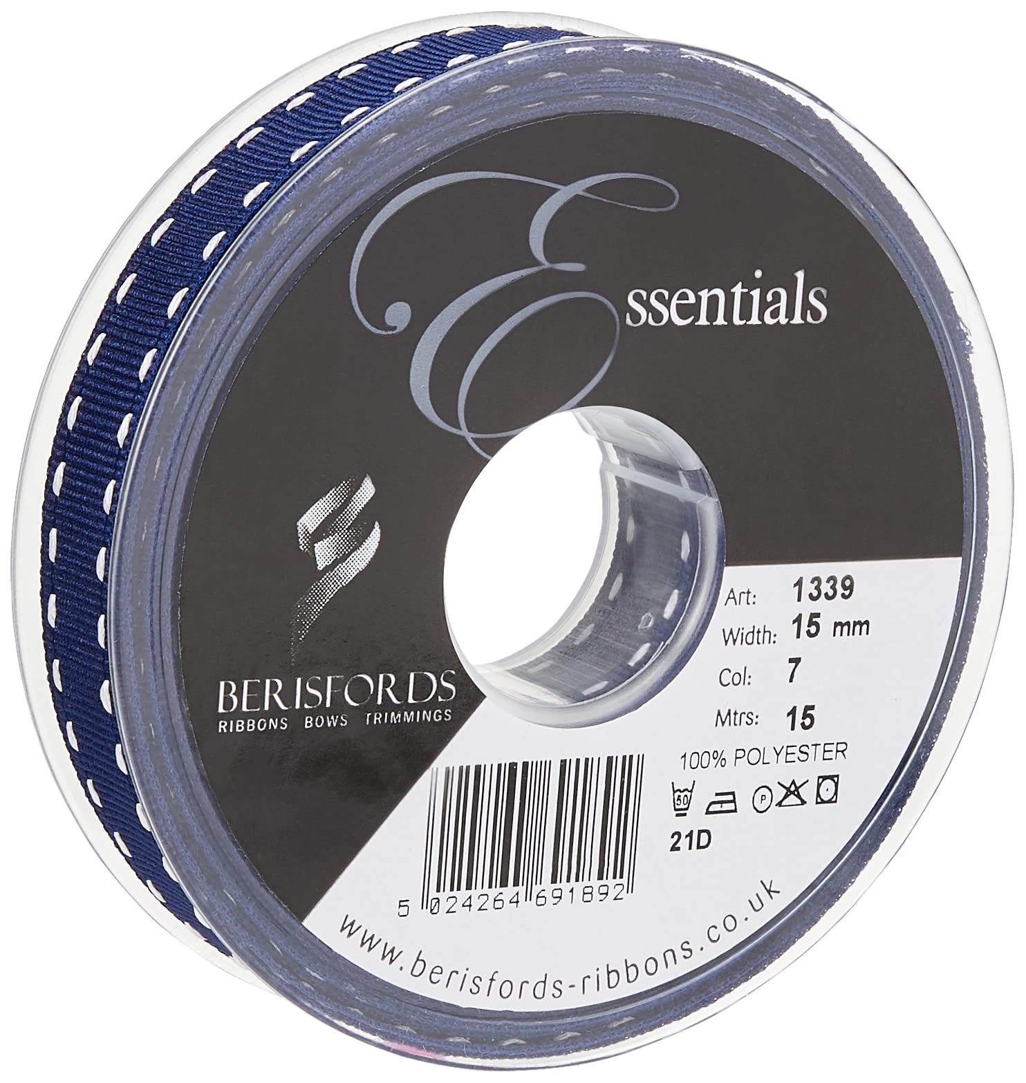 Berisfords 1339-NYW-15 15 mm Stitch Grosgrain Ribbon, Navy/White