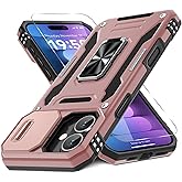 DEERLAMN Case for iPhone 16 Plus with Slide Camera Cover+Screen Protector (1 Pack), Rotated Ring Kickstand Military Grade Shockproof Protective Cover-Rose Gold