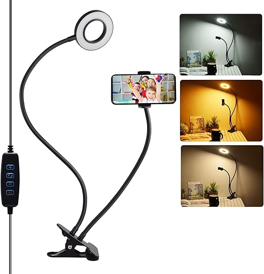 soaiy 2 en 1 anillo de luz led selfie para movil lampara escritorio de pinza flexo con 3 modos de iluminaciones y 10 niveles de intensidad para