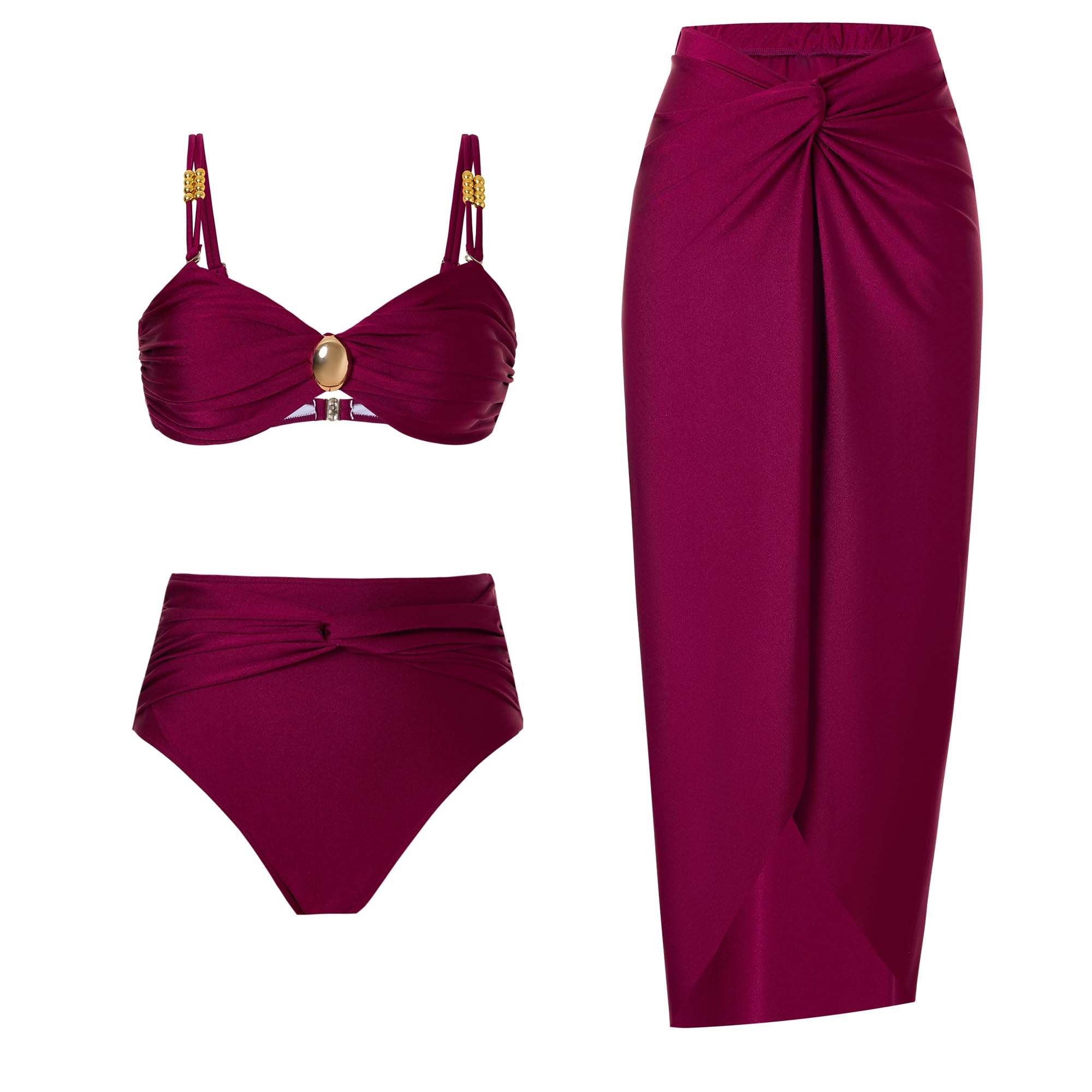 Photo 1 of YUNIDMEIM 3 Piece Swimsuits for Women Retro Bikini Set Beach Wrap Skirt High Waisted Bikini Sets for Women Tummy Control Wine Red