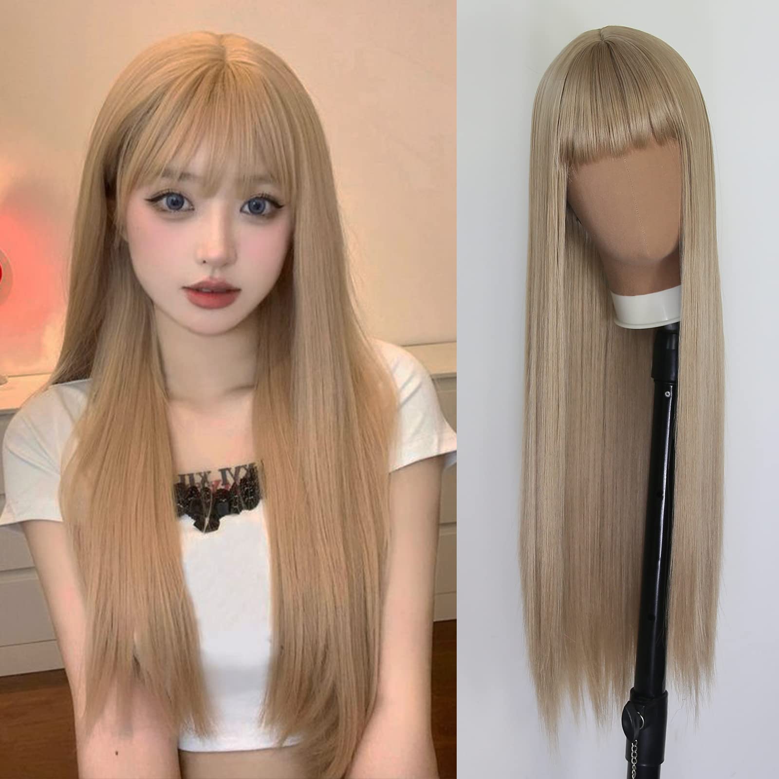 Towarm Light Brown Wig with Bangs & Fringe - Honey Blonde Long Straight Natural Heat Resistant Ladies Full Wig for Cosplay & Daily Wear
