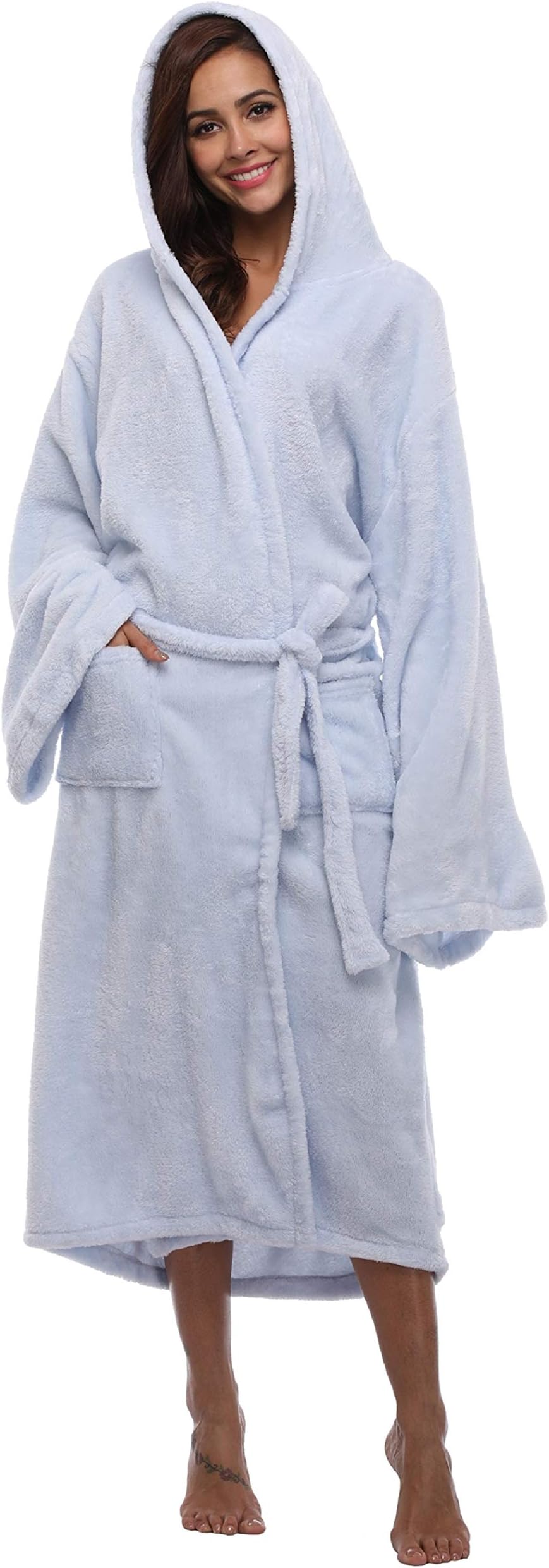 Women's Long Hooded Velvet Bathrobe Ultra-Soft Winter Fleece Plush Nightgown