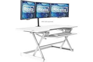 Rocelco 46" Large Height Adjustable Standing Desk Converter - Quick Sit Stand Up Triple Monitor Riser - Gas Spring Assist Computer Workstation - Retractable Keyboard Tray - White (R DADRW-46)