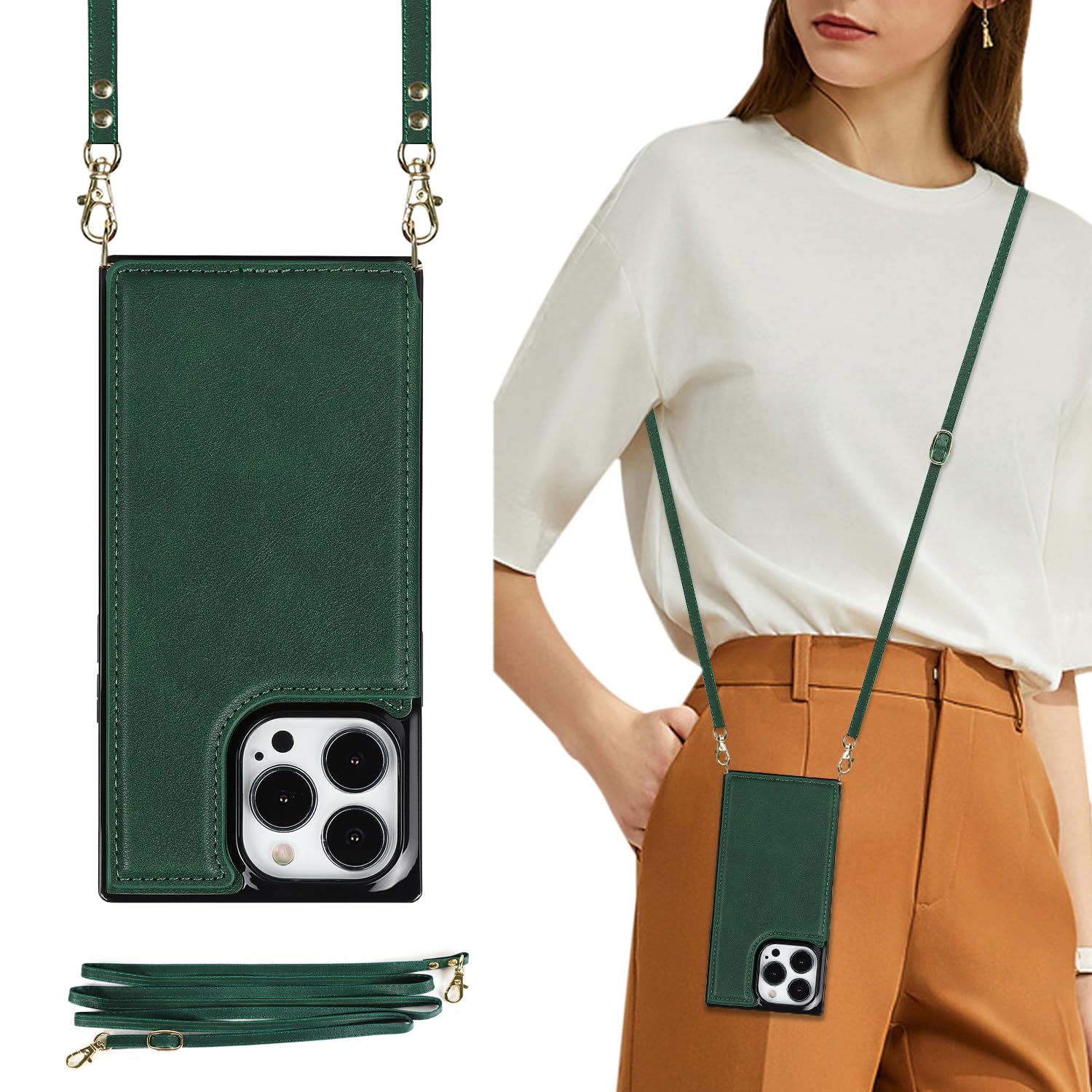 UEEBAI Crossbody Wallet Case for iPhone 14 Pro Max 6.7 inch, Kickstand with Adjustable Removable Lanyard Neck Strap Case Card Holder Shockproof Cover Magnetic Clasp Cover Flip Case -Green