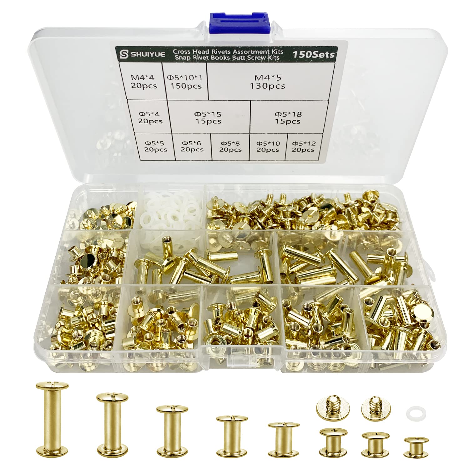 150 Sets Leather Rivets Kit, Chicago Screws Assorted Kit(8 Sizes), Chicago Binding Screws, Flat Head Screw Rivets Buttons,Book Binding Screws & Posts for DIY Leather,Book,Photo Album(Gold Color)