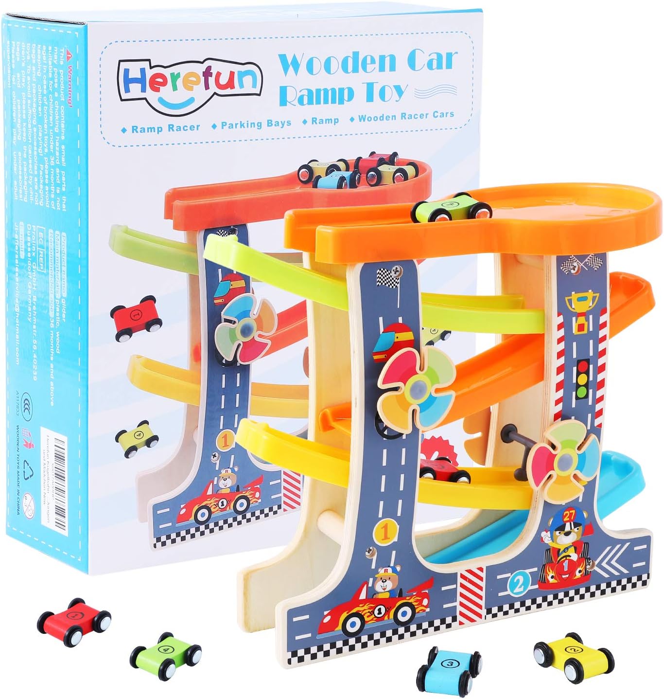 Herefun Juguetes de Pista de Madera, Pista de Carrera de Madera, Rampa de Carrera para Niños, Juegos Circuito Coches, Educativos Regalo Juguetes de Madera para Niños