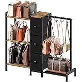 YATINEY Purse Organizer for Closet, Large Capacity Purse Rack with 4 Hooks, 3 Shelves & 3 Drawers, Freestanding 3-Tier Handbag Organizer, for Bedroom & Living Room, Rustic Brown and Black HO01BR