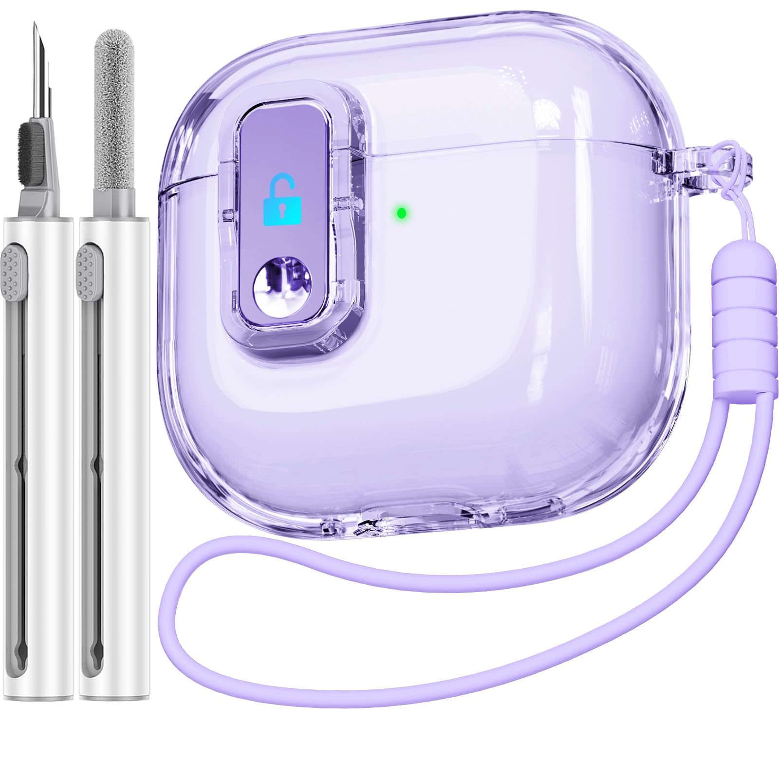 Photo 1 of (with Safety Lock) Clear Case Compatible with AirPods 4th Generation Cases with Cleaner Kit,Soft TPU Transparent AirPods 4 Case,Full Protection Cover with Lanyard for AirPods 4 Gen (2024)(USB-C)Purple