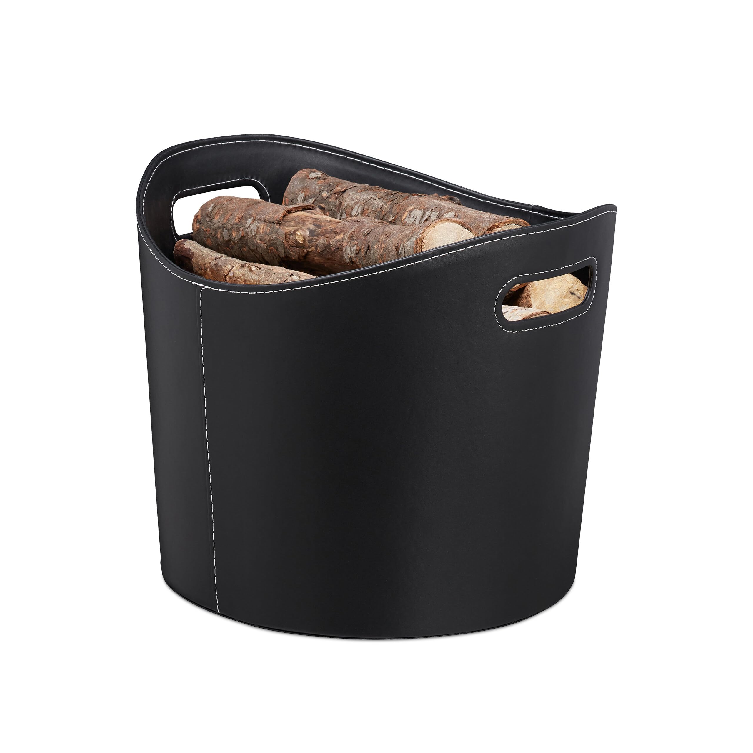 Relaxdays Faux Leather Firewood Basket, Sturdy Log Storage Bin with Handles, Size L, Black