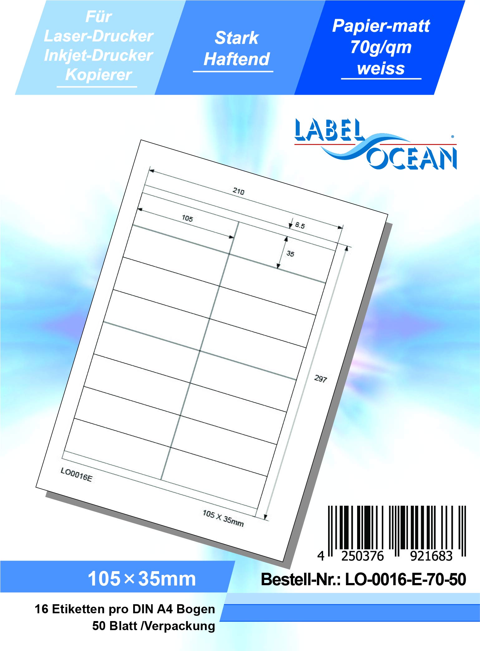 LabelOcean LO-0016-E-70-50 Universal Labels 50 Sheets 70 g/m² High-Quality Paper