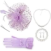 AQOKKA Women Fascinators Hats Veil Mesh Tea Party Derby Hat Bow Lace Gloves Pearl Jewelry Set for Women Cocktail Wedding