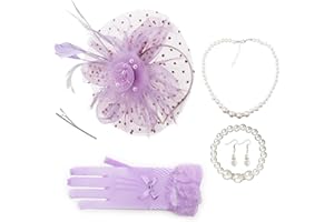 AQOKKA Women Fascinators Hats Veil Mesh Tea Party Derby Hat Bow Lace Gloves Pearl Jewelry Set for Women Cocktail Wedding