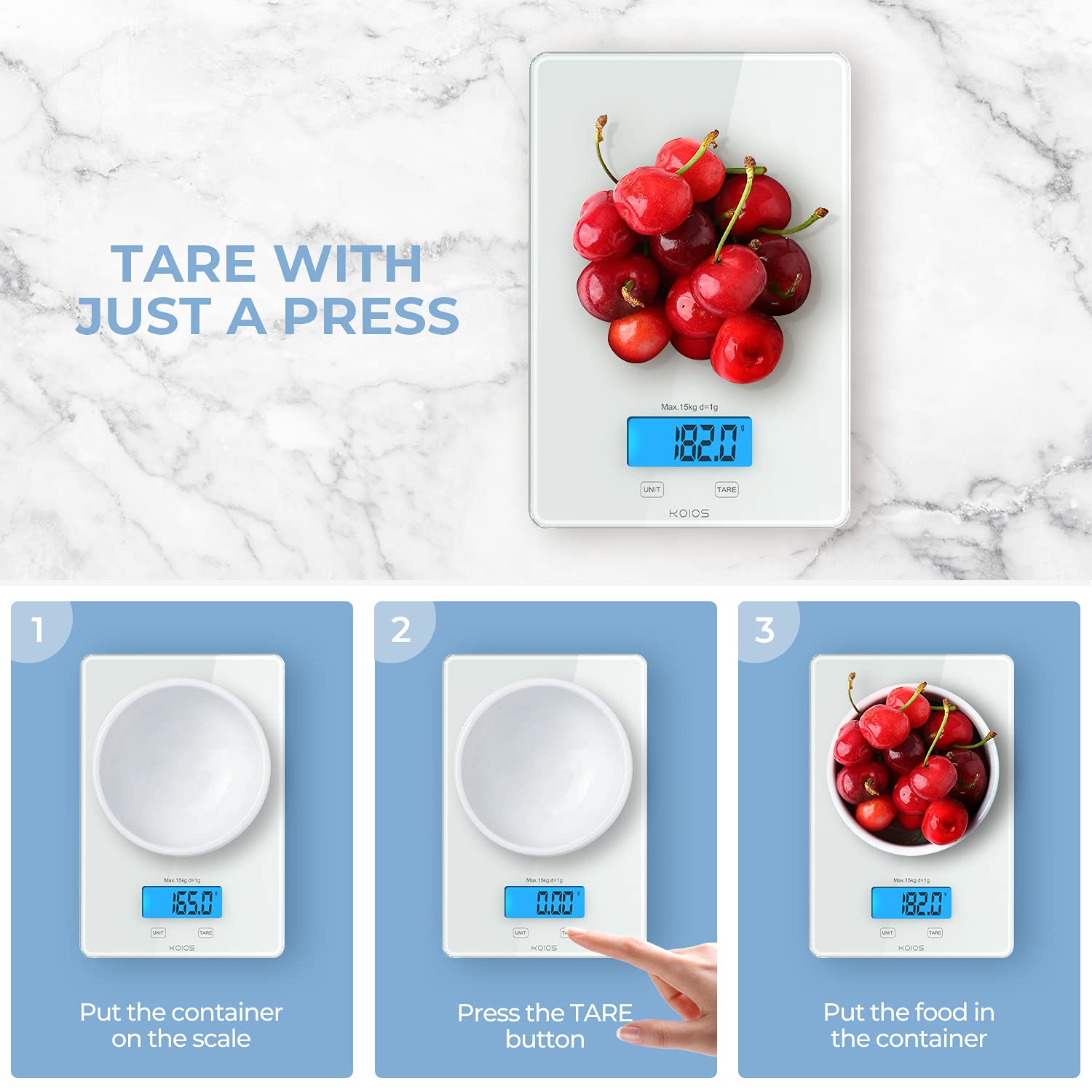 KOIOS Kitchen Scale, 33lb/15kg Digital Food Scales Weight in Grams and Ounces for Cooking Baking, 1g/0.1oz Precise Graduation, Batteries and Type-C Charging, Tare Function, LCD Display, White