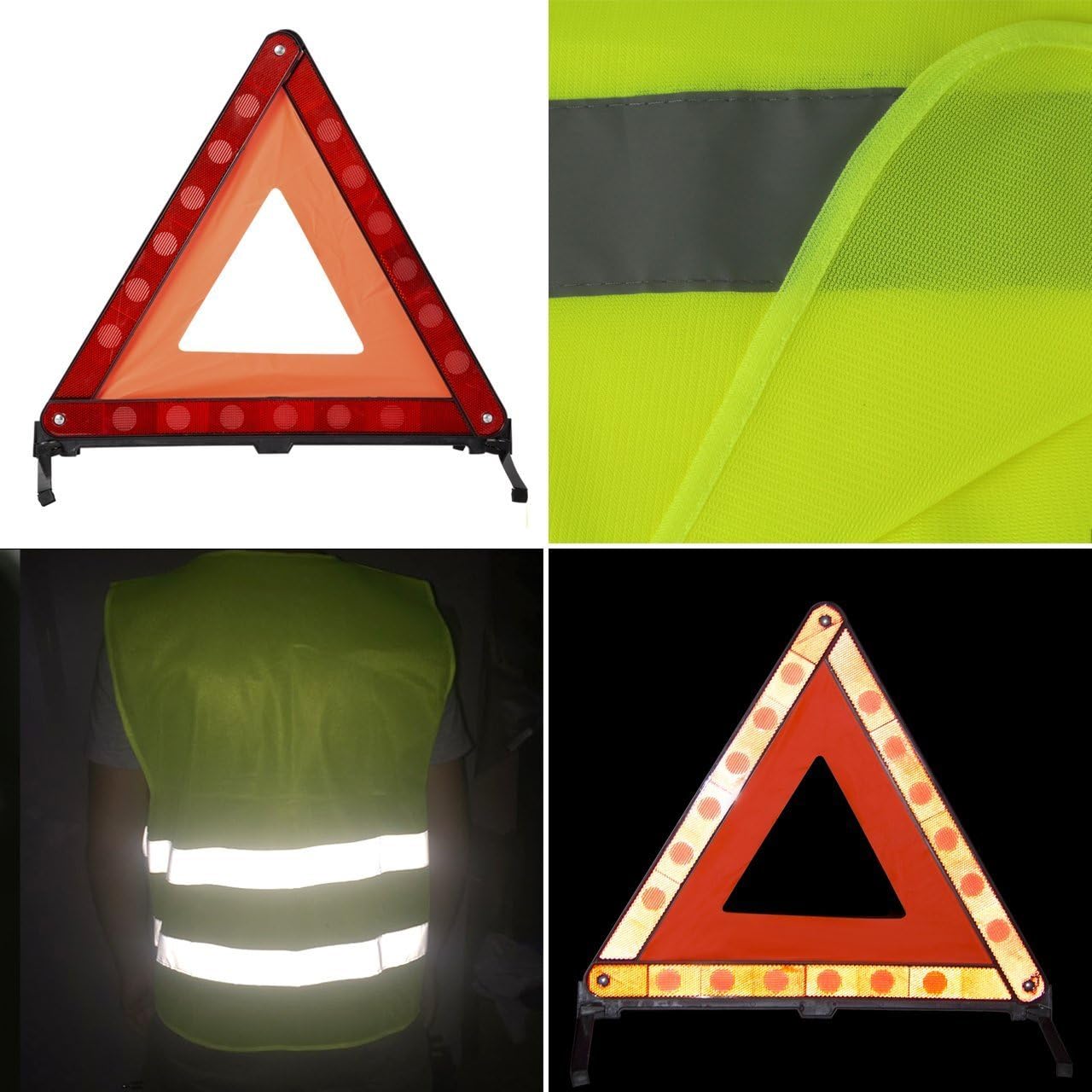 DEDC Car Safety Triangle Warning Kit, Roadside Emergency Kit with Reflective Warning Triangle,Visibility Roadside Vest, LED Road Flares Emergency Lights, Set of 4: Automotive