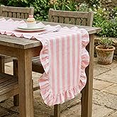 Tegeme Pink and White Stripe Ruffle Table Runner, 100% Cotton 13"x72" | Scalloped Ruffled Edges, Dining Room Kitchen Decor, Birthday Party Baby Shower Gatherings
