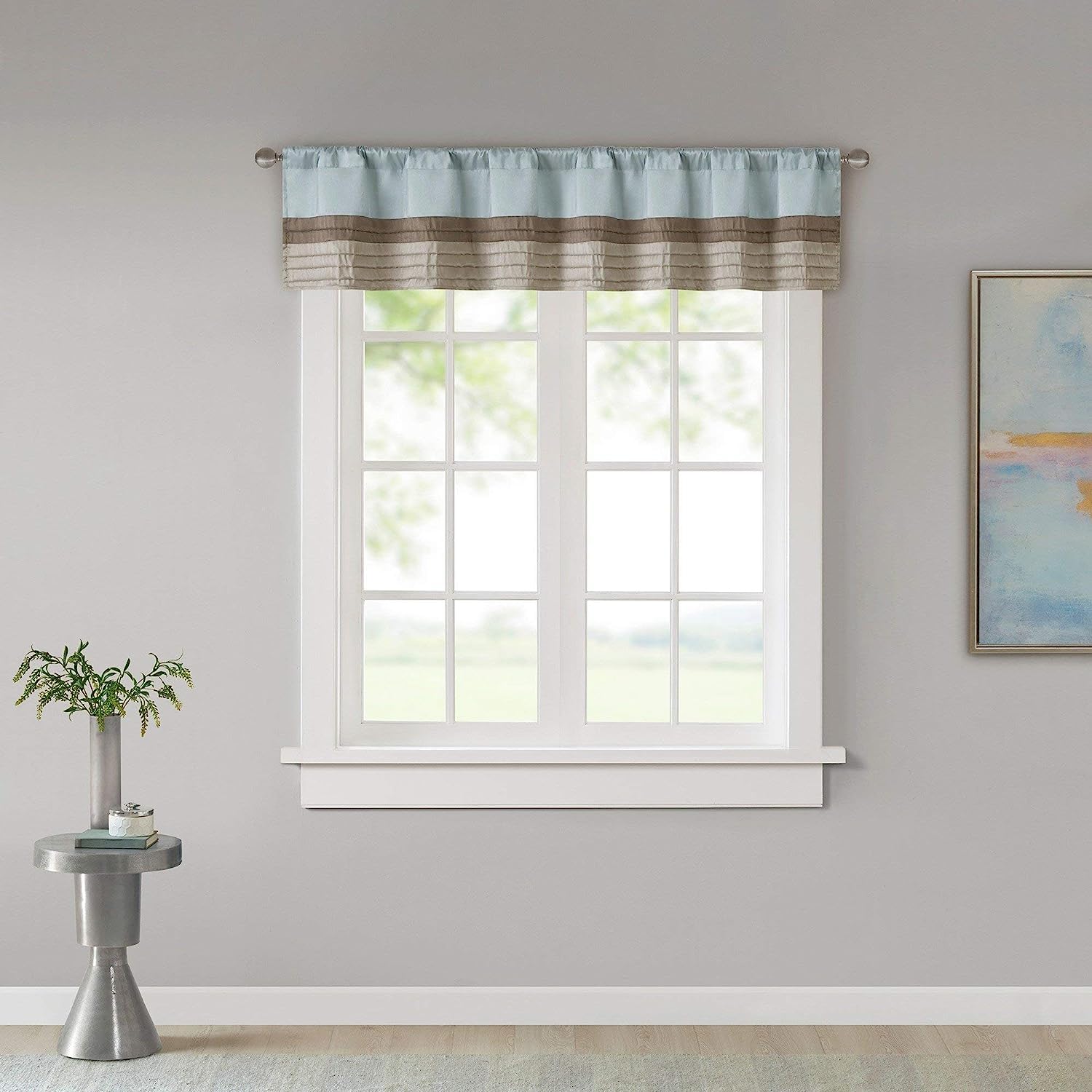 Madison Park Amherst Polyoni Pintuck Teal Gray Window Valance, Modern Rod Pocket Valances for Windows, 50X18, Blue