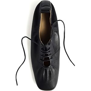 Women’s Genuine Leather Lace Up Ballet Flats Gathered Square Toe Oxford Inspired Comfortable Everyday Shoes